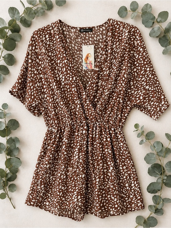 PrettyGarden Pants - Prettygarden Brown Speckled Surplice Romper Dress Size M NWT